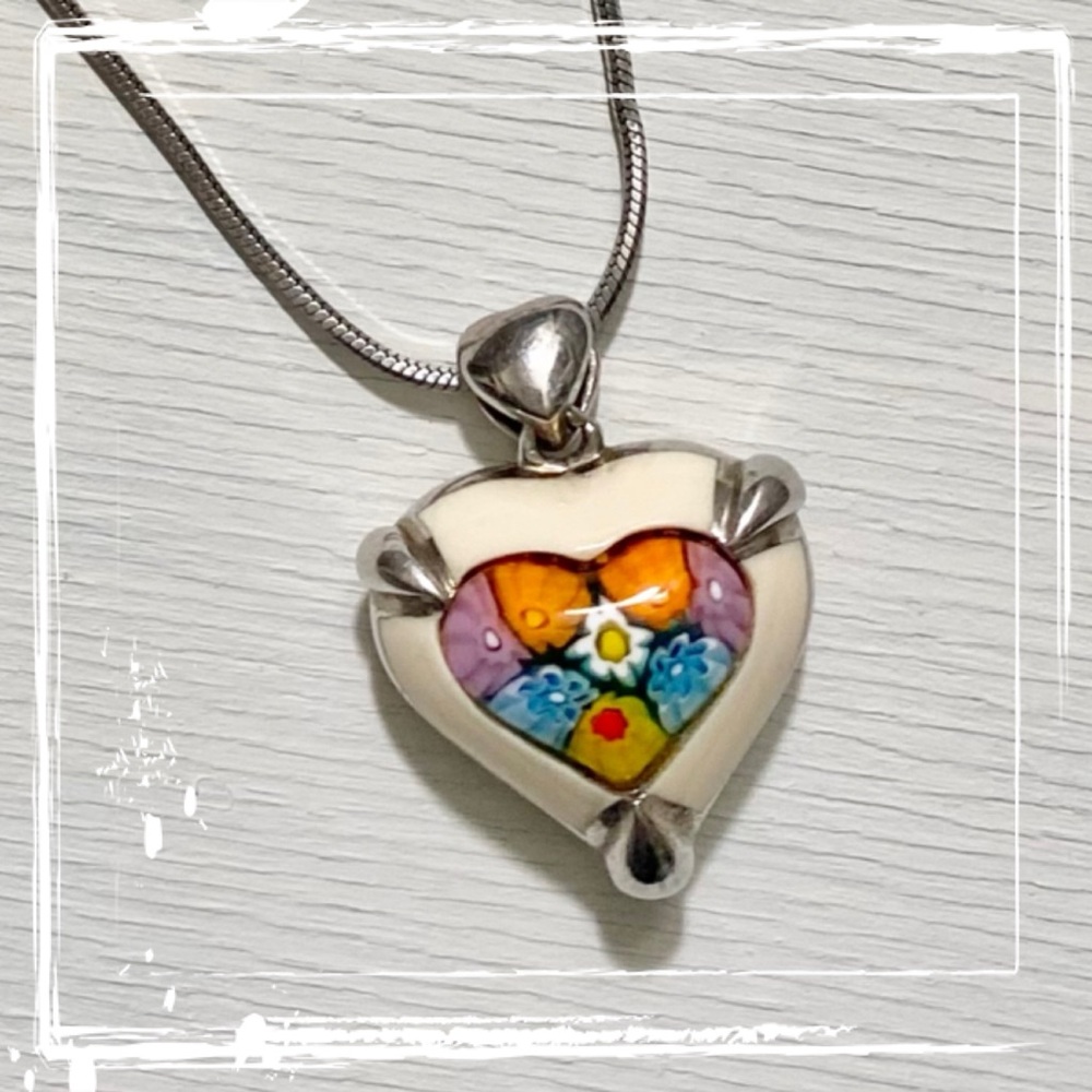 Alan K Millefiori Heart Pendant Necklace Sterling Silver & Murano Glass